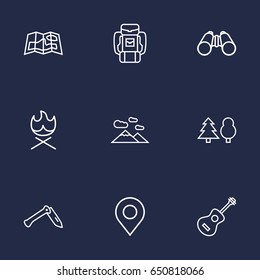 Set Of 9 Picnic Outline Icons Set.Collection Of Place Pointer, Penknife, Baggage And Other Elements.