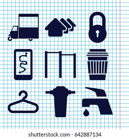 Set of 9 pictogram filled icons such as lock, house, hanger, tap, drink, van, horizontal bar