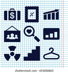 Set of 9 pictogram filled icons such as hanger, money case, heart search, stair, photo, radiation