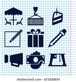 Set of 9 pictograph filled icons such as cargo on hook, cargo crane, present, megaphone, paper and pen, pencil, piece of cake, table under umbrella