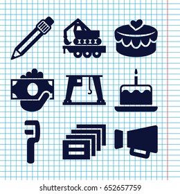 Set of 9 pictograph filled icons such as cake with one candle, clamp, cargo crane, heart lock, megaphone, pen, message