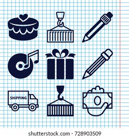 Set of 9 pictograph filled and outline icons such as cargo on hook, present, heart lock, pen, disc and music note, pencil, money in hand