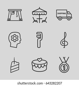 Set of 9 pictograph outline icons such as clamp, cargo crane, heart lock, piece of cake, table under umbrella, medal, treble clef, gear in head
