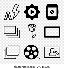 Set of 9 picture filled and outline icons such as camera tape, play in gear, camera display, burst, rose, auto flash