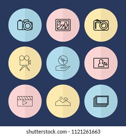 Set of 9 picture outline icons such as photos, picture, camera display, clapper board