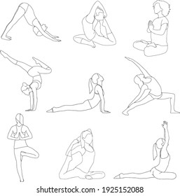 Set of 9 pictures of girls in a yoga pose black and white