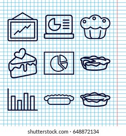 Set of 9 pie outline icons such as graph, pie, cake slice, chart on display, pie chart