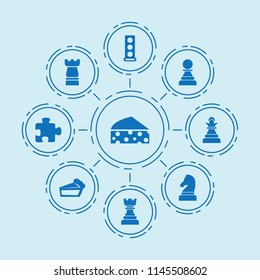 Set of 9 piece filled icons such as engine head, cheese, chess, puzzle, piece of cake, chess horse