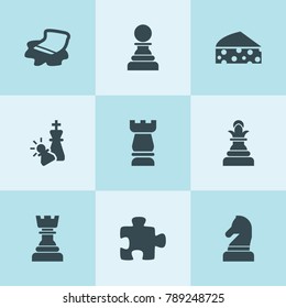 Set of 9 piece filled icons such as cheese, checkmate, floor cloth, chess, puzzle, chess horse