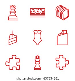 set of 9 piece outline icons such as puzzle, swimsuit, bread slices, piece of cake, chess king