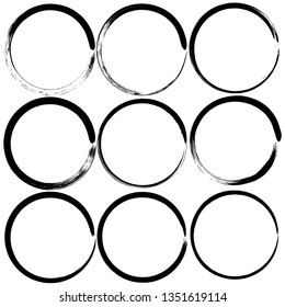 Set of 9 pieces circles frame grunge edges.Grunge borders.Vector brush strokes distress textures retro frames.