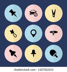 Set of 9 pin filled icons such as hair barrette, cloth pin, map location, ping pong racket, pin