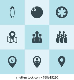 Set of 9 pin filled icons such as user location, bowling, map with pin