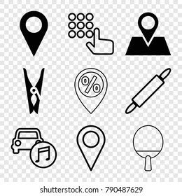 Set of 9 pin filled and outline icons such as cloth pin, location pin, location, hand on atm, car music