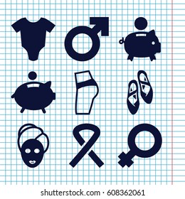 Set of 9 pink filled icons such as baby onesie, spa mask, ribbon, ballet shoes, piggy bank, woman symbol, man symbol