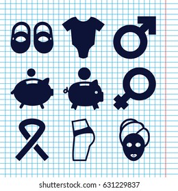 Set of 9 pink filled icons such as baby onesie, baby shoes, spa mask, ribbon, piggy bank, woman symbol, man symbol