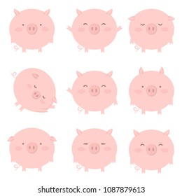 Set of 9 pink pig with different emotions. Vector isolated illustration 