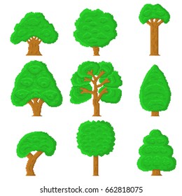 Set of 9 pixel trees on white background