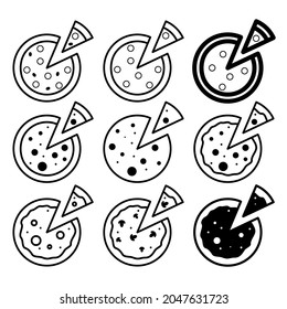 Set of 9 pizzas black lines simple logos on white background.Vector image