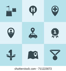Set of 9 place filled icons such as car pin, user location, map location, medal, castle