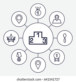 Set Of 9 Place Outline Icons Such As Spoon, Location Pin, Map Location, 1st Place Star, Ranking, Medal, Number 1 Medal, Medal With Star