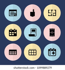 Set of 9 plan filled icons such as office room, medical appointment, plan, football pitch
