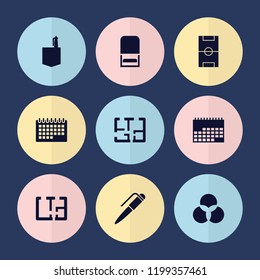 Set of 9 plan filled icons such as office room, plan, football pitch, calendar, circle intersection