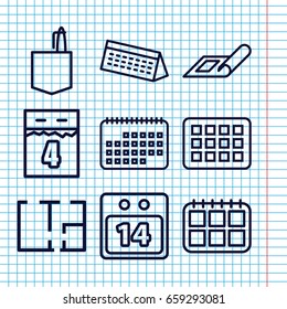 Set of 9 plan outline icons such as plan, office room, 14 date calendar, calendar
