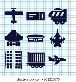 Set of 9 plane filled icons such as ticket, plane seats, airport