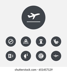Set Of 9 Plane Icons Set.Collection Of Radiolocator, Data, Leaving And Other Elements.