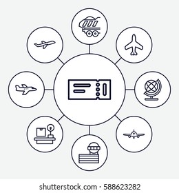 Set of 9 plane outline icons such as plane, ticket, airport tower, globe, cargo trailer