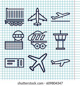 Set of 9 plane outline icons such as plane taking off, ticket, airport tower, plane