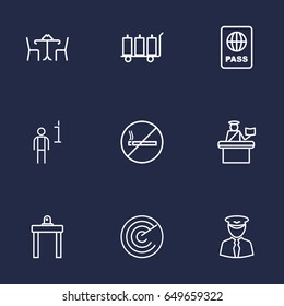 Set Of 9 Plane Outline Icons Set.Collection Of Airport Security, Passport Controller, Detection And Other Elements.
