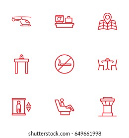 Set Of 9 Plane Outline Icons Set.Collection Of Airport Security, Map, No Smoking And Other Elements.