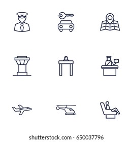 Set Of 9 Plane Outline Icons Set.Collection Of Plane, Business Class, Passport Controller And Other Elements.