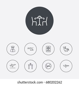 Set Of 9 Plane Outline Icons Set.Collection Of Airport Security, No Smoking, Pilot And Other Elements.