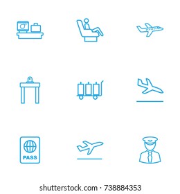 Set Of 9 Plane Outline Icons Set.Collection Of Luggage Check, Sit, Luggage Trolley And Other Elements.