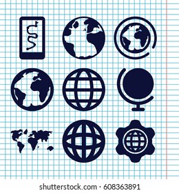 Set of 9 planet filled icons such as globe, globe in gear, planet, world map
