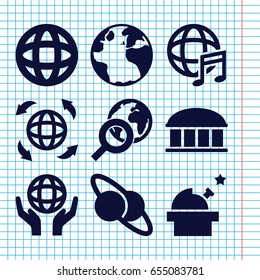 Set of 9 planet filled icons such as globe, observatory, holding globe, international music, globe search