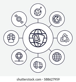 Set of 9 planet outline icons such as globe, qround the globe, recycle, user globe, international delivery, flag on moon