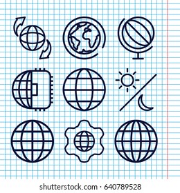 Set of 9 planet outline icons such as qround the globe, globe in gear, globe, sun and moon, cpu planet