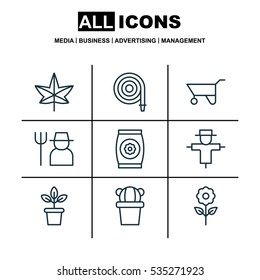 Set Of 9 Plant Icons. Includes Fertilizer, Bugbear, Desert Plant And Other Symbols. Beautiful Design Elements.