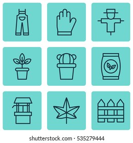 Set Of 9 Plant Icons. Includes Garden Clothes, Barrier, Grains And Other Symbols. Beautiful Design Elements.