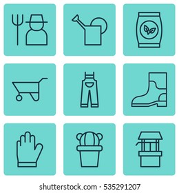 Set Of 9 Plant Icons. Includes Wheelbarrow, Garden Clothes, Water Source And Other Symbols. Beautiful Design Elements.