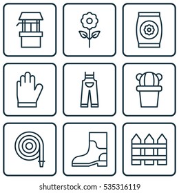 Set Of 9 Plant Icons. Includes Garden Clothes, Rubber Boot, Protection Mitt And Other Symbols. Beautiful Design Elements.