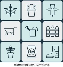Set Of 9 Plant Icons. Includes Bugbear, Autumn Plant, Wheelbarrow And Other Symbols. Beautiful Design Elements.