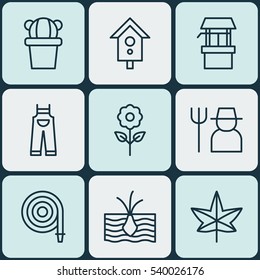 Set Of 9 Plant Icons. Includes Autumn Plant, Water Source, Decorative Plant And Other Symbols. Beautiful Design Elements.