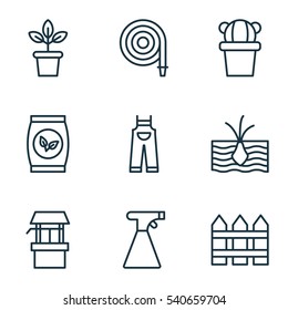Set Of 9 Plant Icons. Includes Garden Clothes, Grains, Growing Plant And Other Symbols. Beautiful Design Elements.