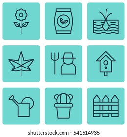 Set Of 9 Plant Icons. Includes Decorative Plant, Autumn Plant, Birdhouse And Other Symbols. Beautiful Design Elements.