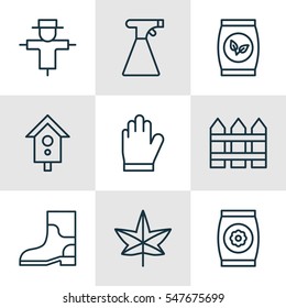 Set Of 9 Plant Icons. Includes Birdhouse, Rubber Boot, Grains And Other Symbols. Beautiful Design Elements.